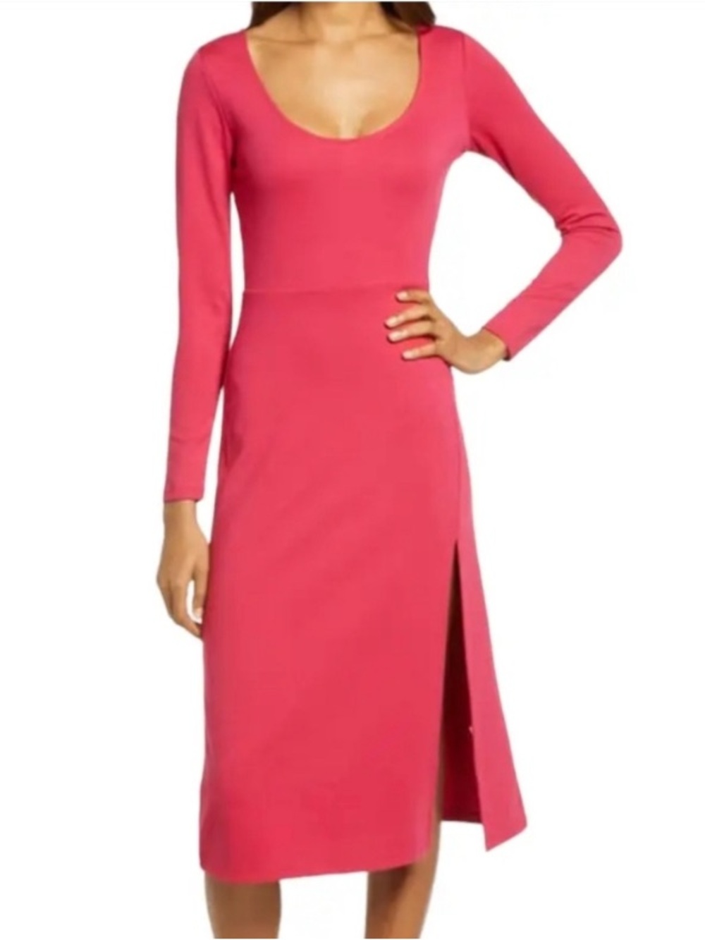 Red Long-Sleeve Scoop Neck Midi Dress by Leith